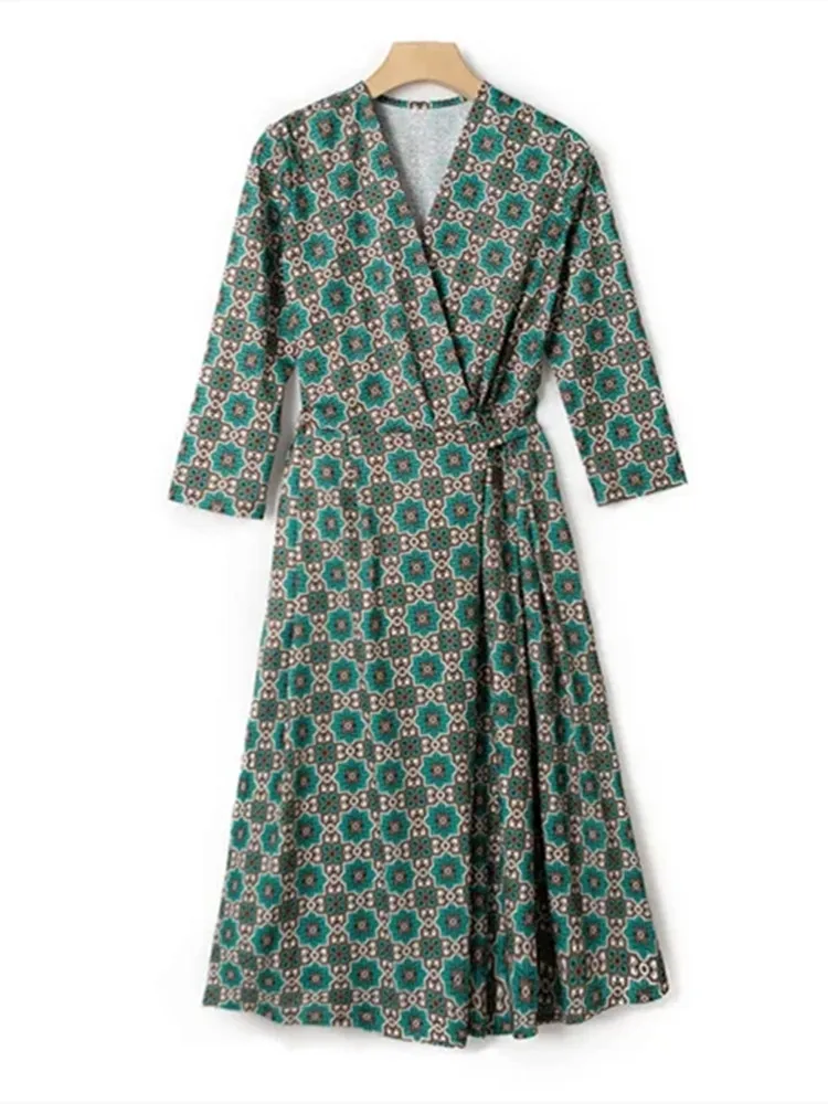 

2022 Summer Women's Dress Vintage Printing Lace-up Female Wrapped Robes