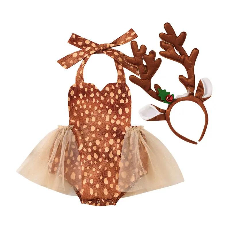 

Christmas Baby Girl TUTU Skirt Romper+Deer Headband 2pc Set Outfit Clothes