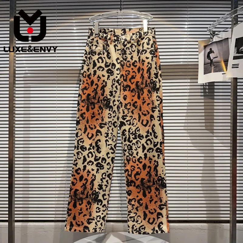 

Джинсы-слины LUXE & ENVY с леопардовым принтом, Новинка осени 2023, индивидуальные уличные прямые брюки с высокой талией в стиле пэчворк