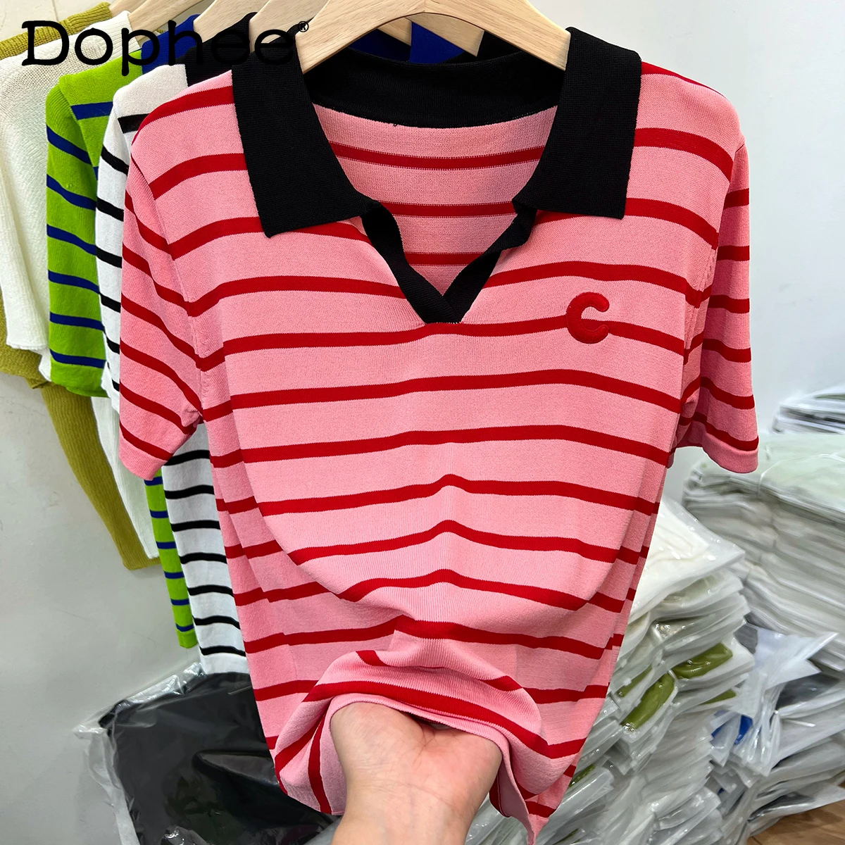 

Ice Silk Polo Collar Stripe Polo Shirt Women 2022 New Summer T Shirt Color Contrast Patchwork Short Sleeve Knitted T-shirt Tops