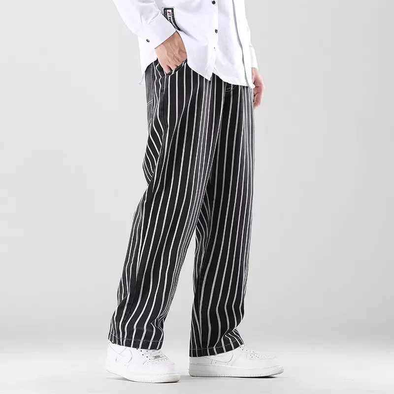 2022New Autumn New Men's Striped Denim Wide-leg Pants Korean Style Fashion Elastic Waist Baggy Jeans Male Brand Clothes