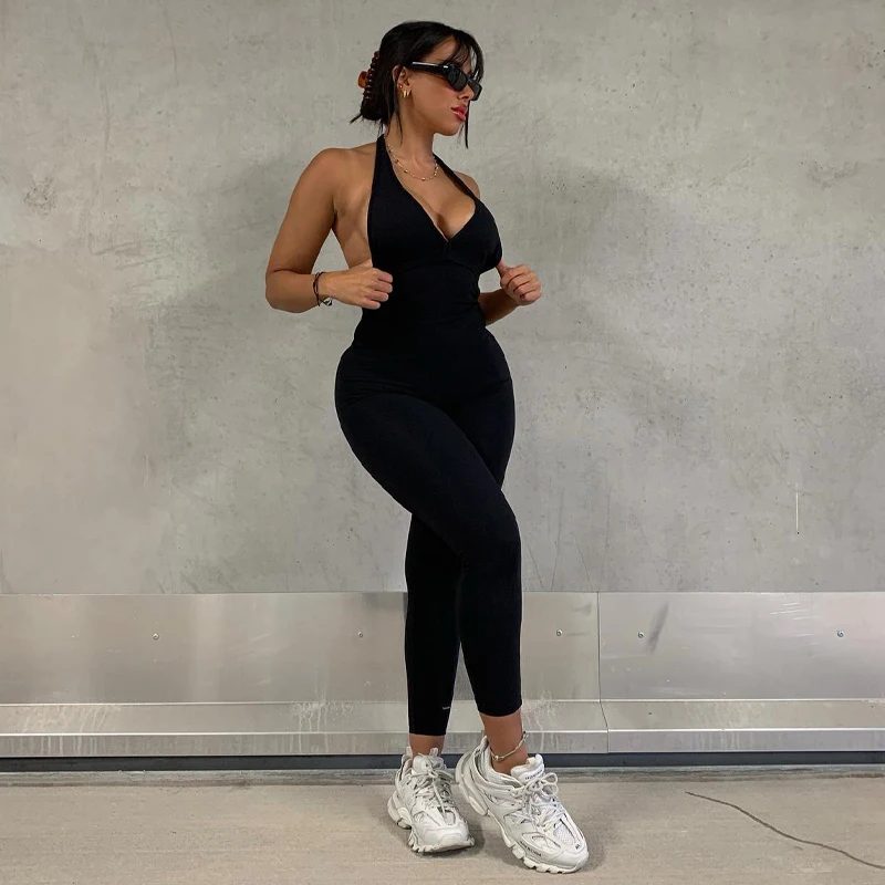 

2022 New Women Bodycon Jumpsuit Black Solid Color Halter Neck Backless Overalls for Night Clubs S/ M/ L