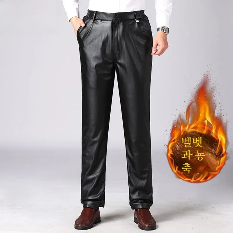 Nanjiren Кожаные брюки мужские на флисовой подкладке утолщенные зимние свободные