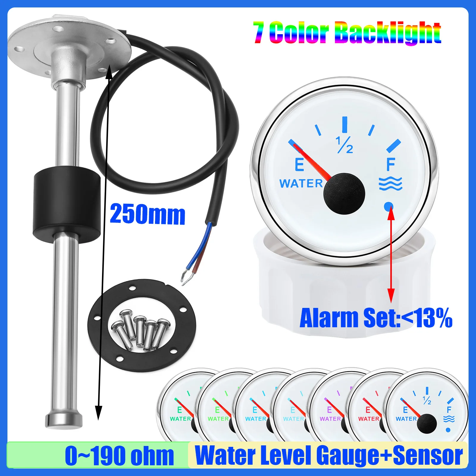 

Изготовленный на заказ поплавковый датчик уровня воды 100 ~ 550 мм, 0-190 Ом, 52 мм, датчик уровня воды со вспышкой, 7 цветов, свет для авто, лодки, 12 В, 24 В