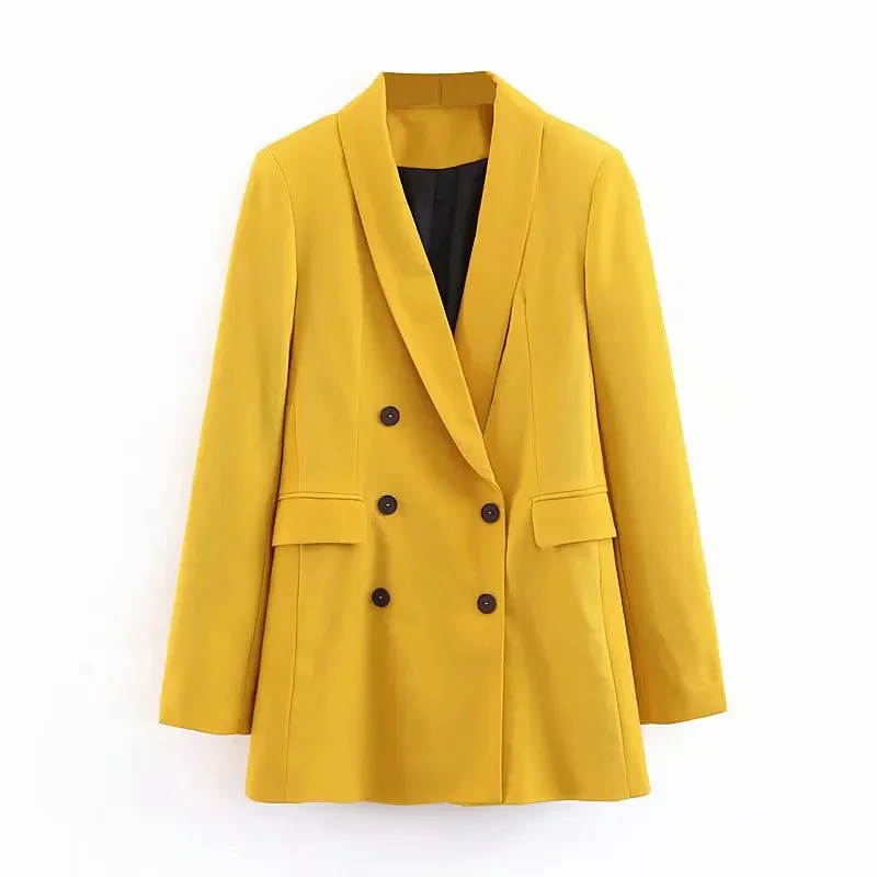 

Street Fashion Yellow Commute Blazers Women Solid Colors Mid Length Double Breasted Suit 2023 Spring Autumn Vintage Indie Blazer