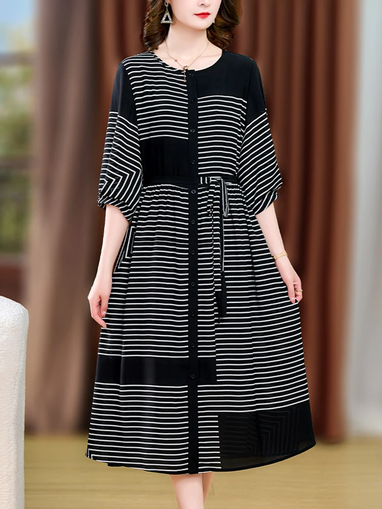 

Women Black Striped Loose Waist Long Dress Spring Summer Korean Luxury Party Dresses 2023 New Dresses for Elegant 40 Year Ladies