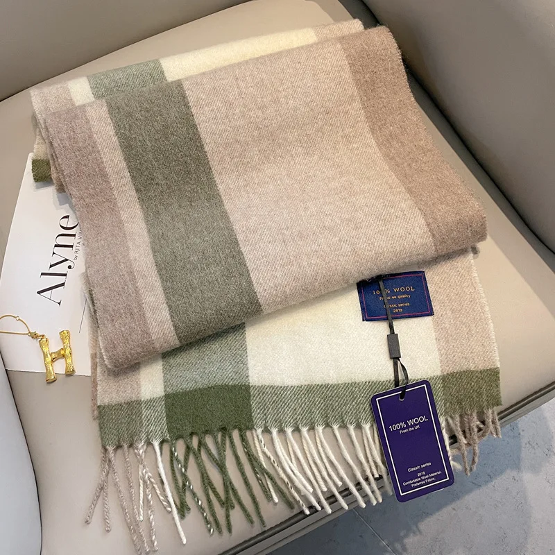 Клетчатый шарф из чистой шерсти для женщин Зимний универсальный подарок на день