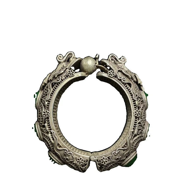 

LAOJUNLU Qing Dynasty Old Silver Ornaments Hollowed Out Silver Bracelet Inlaid With Old Cui Jade Folklore Yaozhai Antique Open