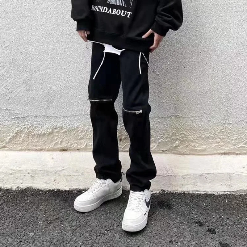 2022 Vibe Style Knee Zipper Hip Hop Men Slim Jeans Trousers Dark Streetwear Simple Design Y2K Casual Long Pants Goth Moda Hombre