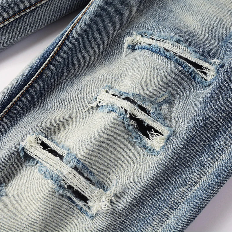 Street Fashion Men Jeans Leather Patch Retro Blue Stretch Skinny Ripped Jeans Men Three Headed Snake Design Hip Hop Brand Pants