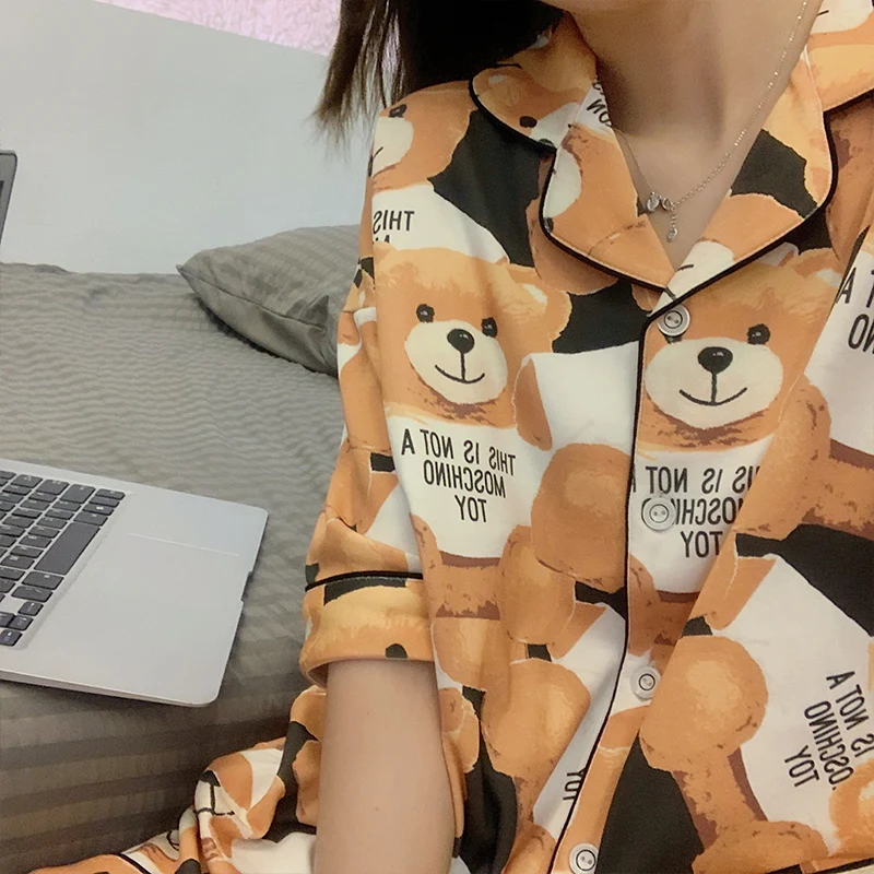 Plus Size Summer Pajamas Women Sleepwear Lapel Cotton Pajama Set Loose Version Nightgown