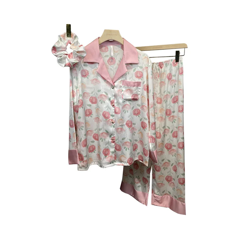 Women's 3 Piece Pajamas Sets Soft Cute Floral Pijama Faux Silk Satin Pyjama Female Sleepwear Long Sleeve Shirt Trouser Homewear