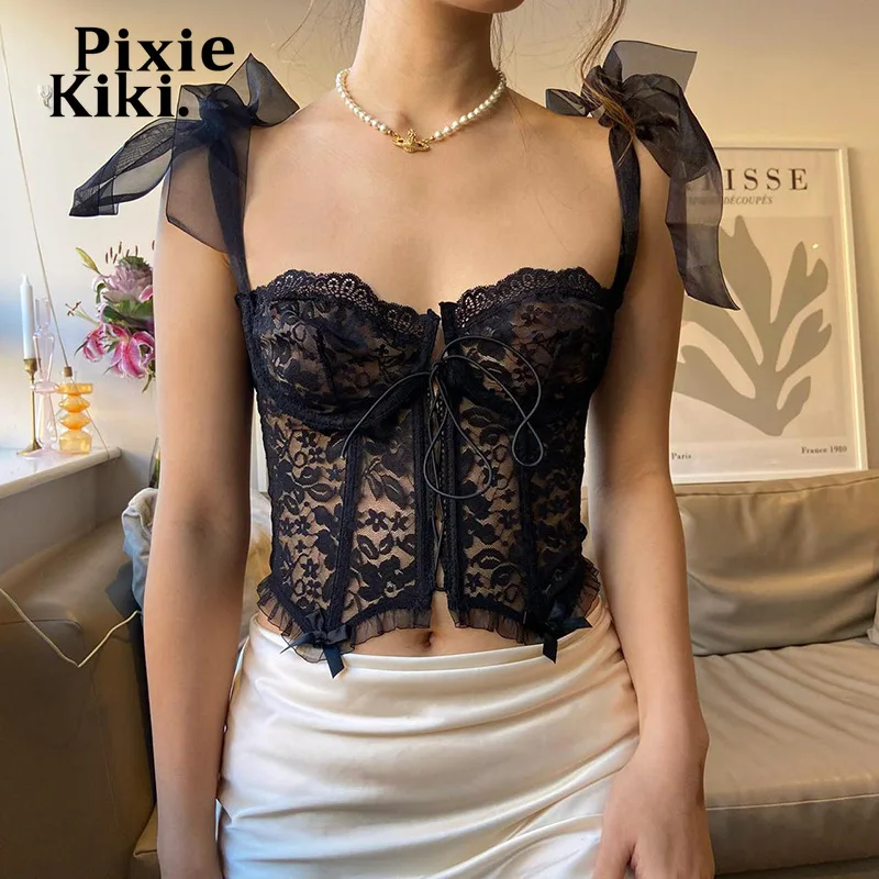 

PixieKiki Y2k корсет с галстуком-бабочкой укороченный топ с феями в эстетике гранж одежда черные кружевные майки сексуальные винтажные искусстве...
