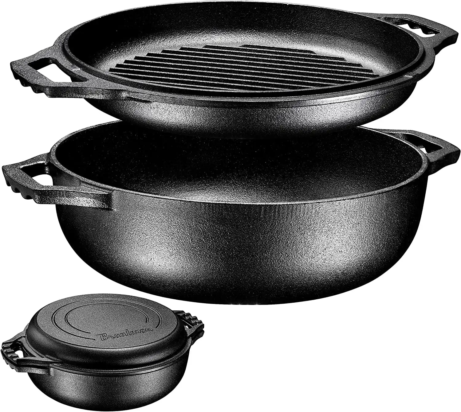 

| 2-In-1 Pre-Seasoned Cast Iron Cocotte Double Braiser Pan With Grill