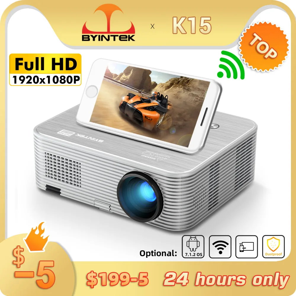 

BYINTEK K15 Projector Full HD 1080P Smart Android Wifi Home Theater LED LCD Projectors 2GB + 16GB for 3D 4K Video Smartphone