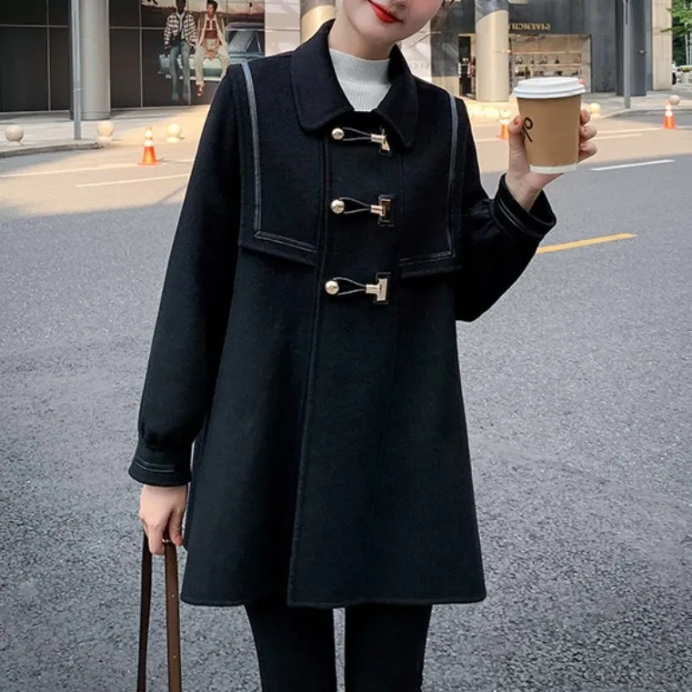 

2023Casual tweed coat,Women's Woolen Coat Women's Autumn/Winter New Navy Collar Knitted Imitation Double Faced Fleece Loose Thi