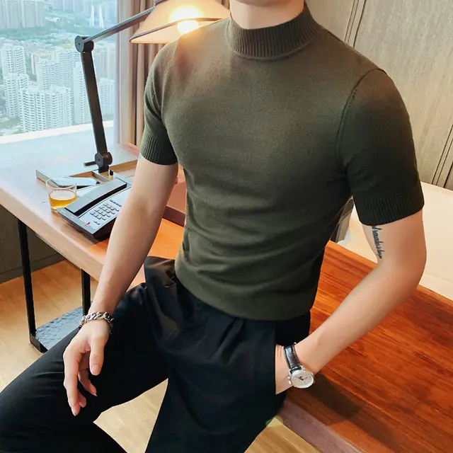 Autumn New Short Sleeve Knitted Sweater Men Clothing 2022 All Match Slim Fit Stretched Turtleneck Casual Pull Homme Pullovers 6