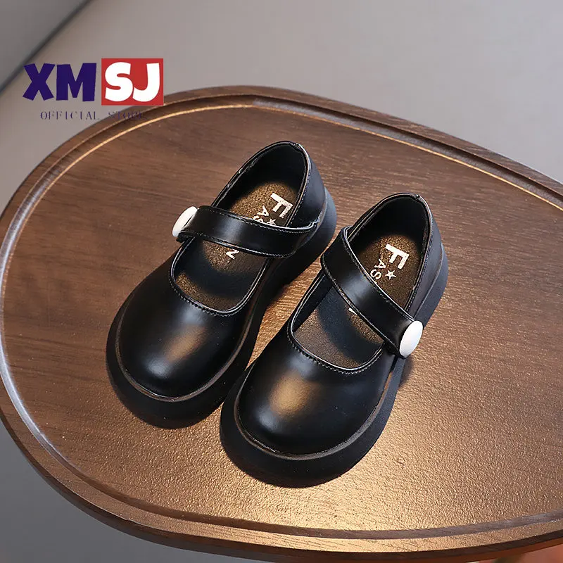 Girl's Leather Shoes School Black Beige Matte Round Toe Children Mary Janes Button Autumn 26-37 Concise Style Daily Kids Shoes