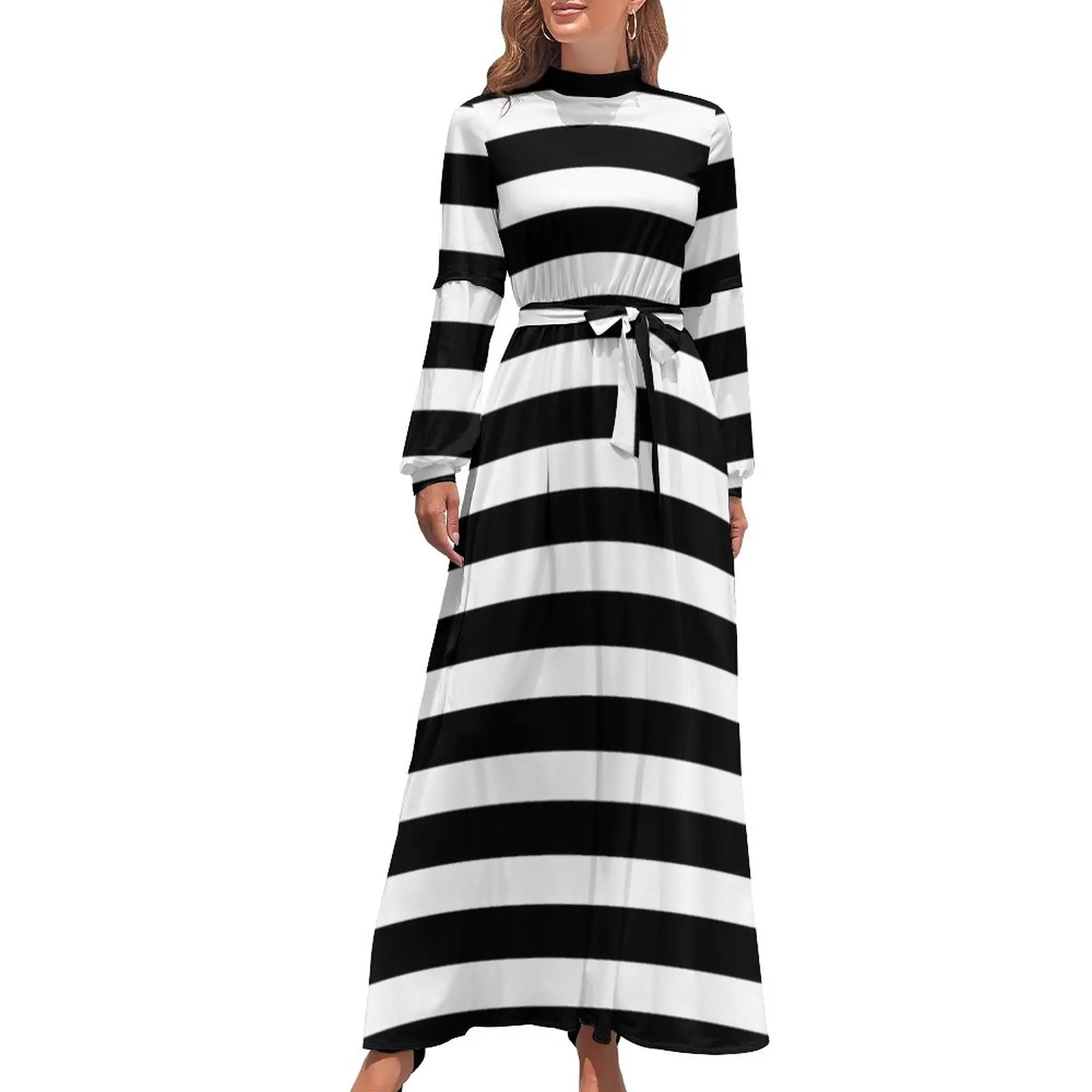

Classic Retro Stripped Dress Black White Stripes Halloween Elegant Print Maxi Dress Long Sleeve Aesthetic Beach Long Dresses