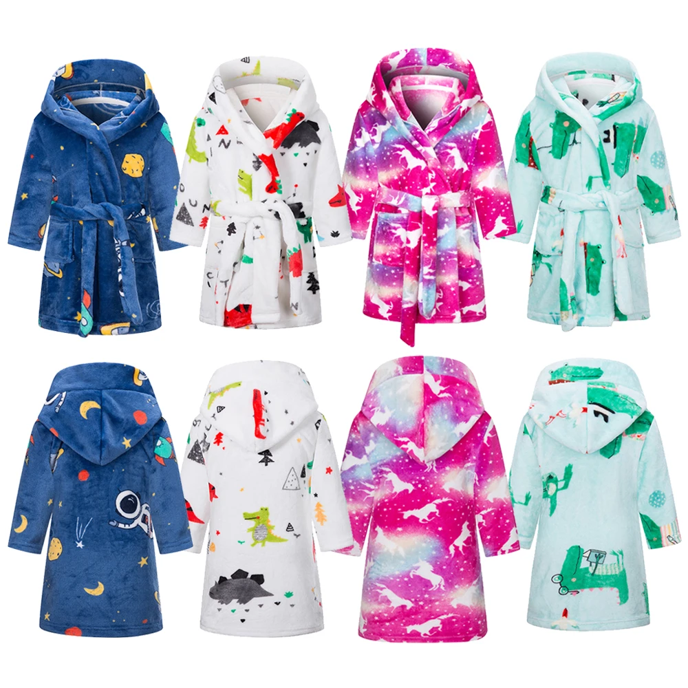 

Autumn Winter Kids Hooded Bathrobe Baby Bath Robes Cartoon Astronaut Unicorn Boys Girls Flannel Pajamas Long Sleeve Towel Robe