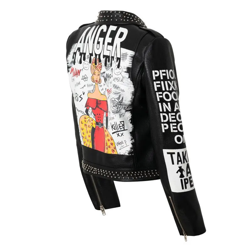 Ladies autumn and winter new hot selling street rock punk fun girl graffiti print colorblock rivet leather jacket spot