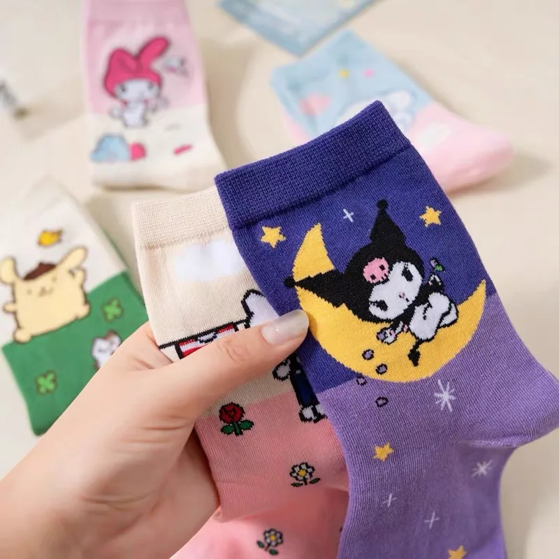 Носки MINISO Hello Kitty для девочек носки Kuromi Cinnamoroll милые Sanrio Melody из хлопка дышащие