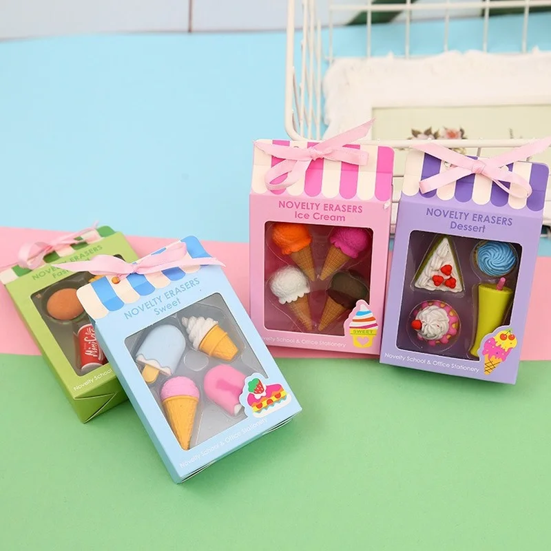 

4pcs Beautifully Boxed Cake Eraser for Kids School Supplies Stationery Gifts Prize 2022 New Cute Art Eraser for Girls Children