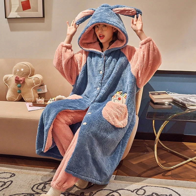 Winter Pajamas Fashion Women Sleepwear Plush Robe Thermal Pantsuit Plus Size Home Wear Add Fleece and Thicken Nightgown