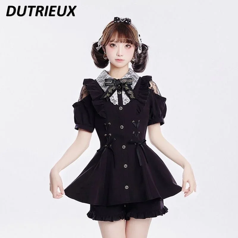 

2 Piece Sets Womens Outfits Sweet Girl Lace Lace-up Short-Sleeved Shirt Dress Single-Breasted Lapel Tops and Culottes Suit