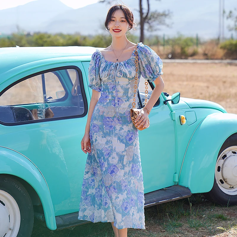 

Sweet Square Neck Short Puff Sleeve Flroal Printed Ruched Women Party Dress Summer Casual Maxi Dresses Drawstring Sexy Sundress
