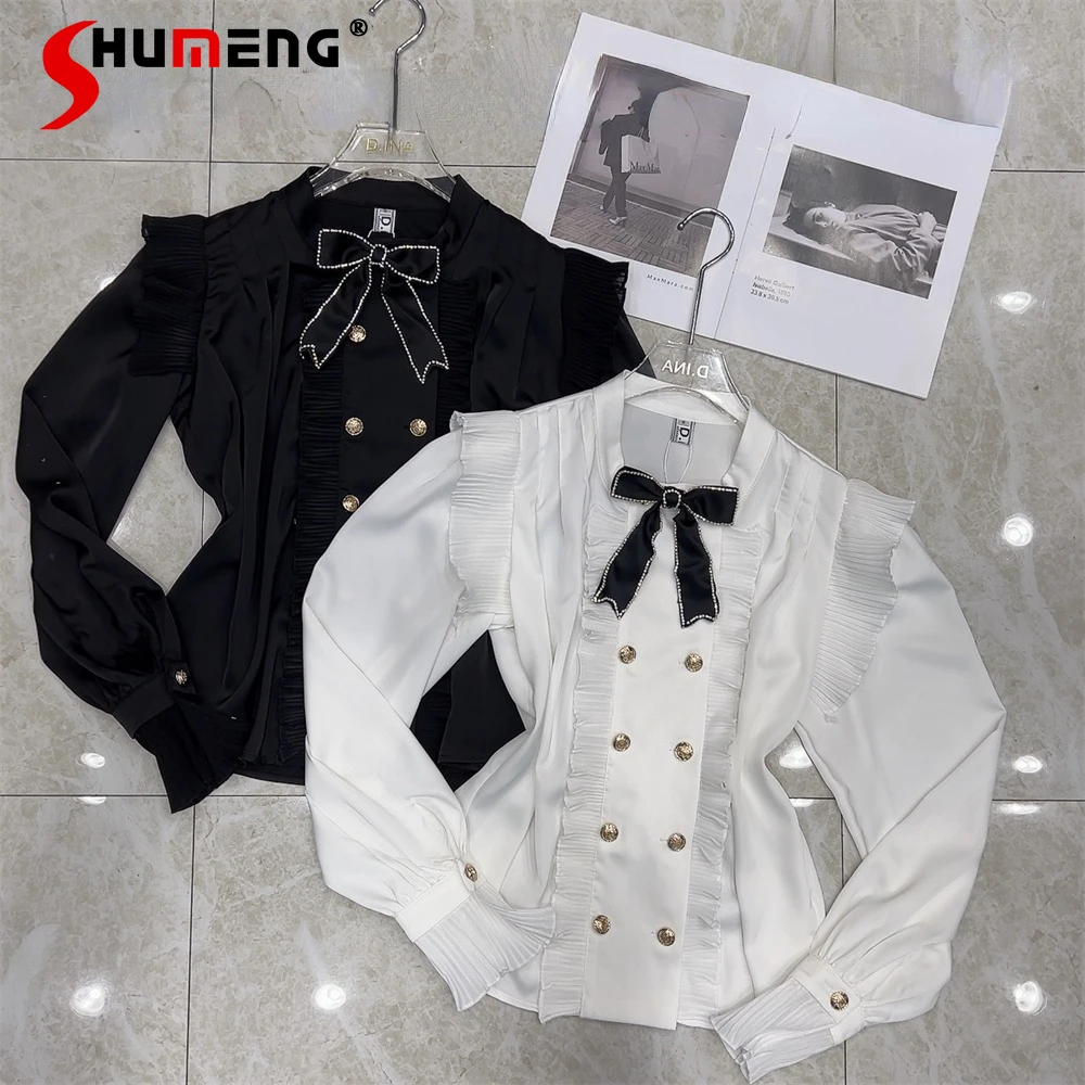 

Double Breasted Ladies Top Autumn and Winter New Bottoming Shirt Women Korean Style Bow Embroidered Edge Pocket Satin Blouse
