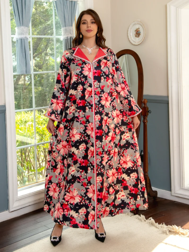 Eid Party Muslim Dress Women Abaya Lapel Diamond Dubai Abayas Ramadan Mubarak Islam Robe Caftan Morocco Floral Maxi Vestido