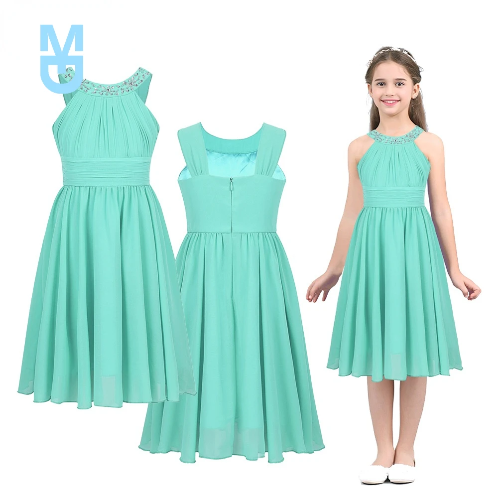 

New Girls Costumes Chiffon Dress Flower Shaped Rhinestone Halter Neck for Kids Teen Weeding Party Vestidos Princess Dress