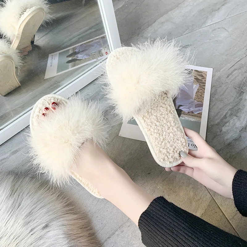 

Plush slippers women's home plush slippers in autumn and winter net red ostrich hair women's slippers