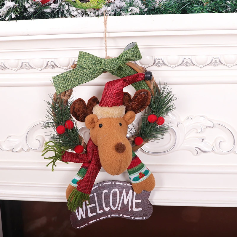 

Christmas Wreath Front Door Welcome Sign Decor with Santa/Snowman/Elk Doll Hanging Home Party Garland for Wall Window nerg