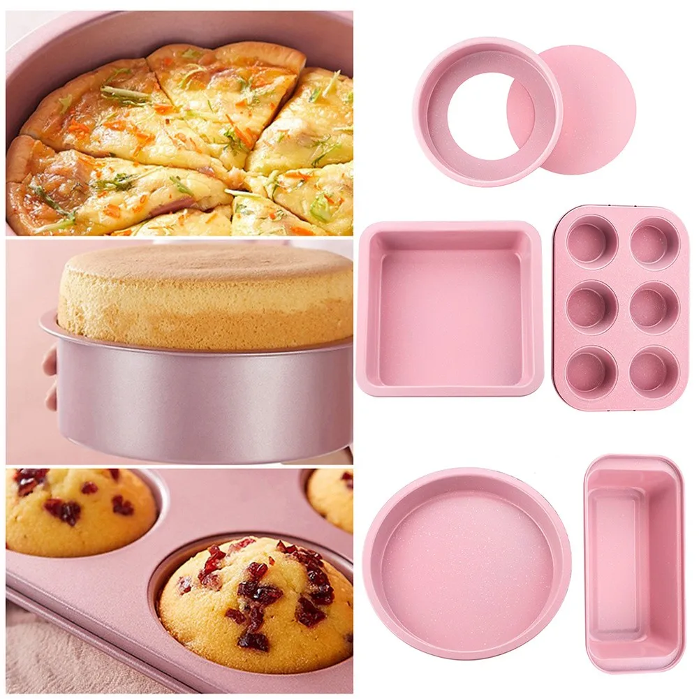 Pink Non-Stick Carbon Steel Baking Pan Set Baking Oven Cake Mold Round Square Rectangle Pizza Toast Live Bottom Kitchen Mould