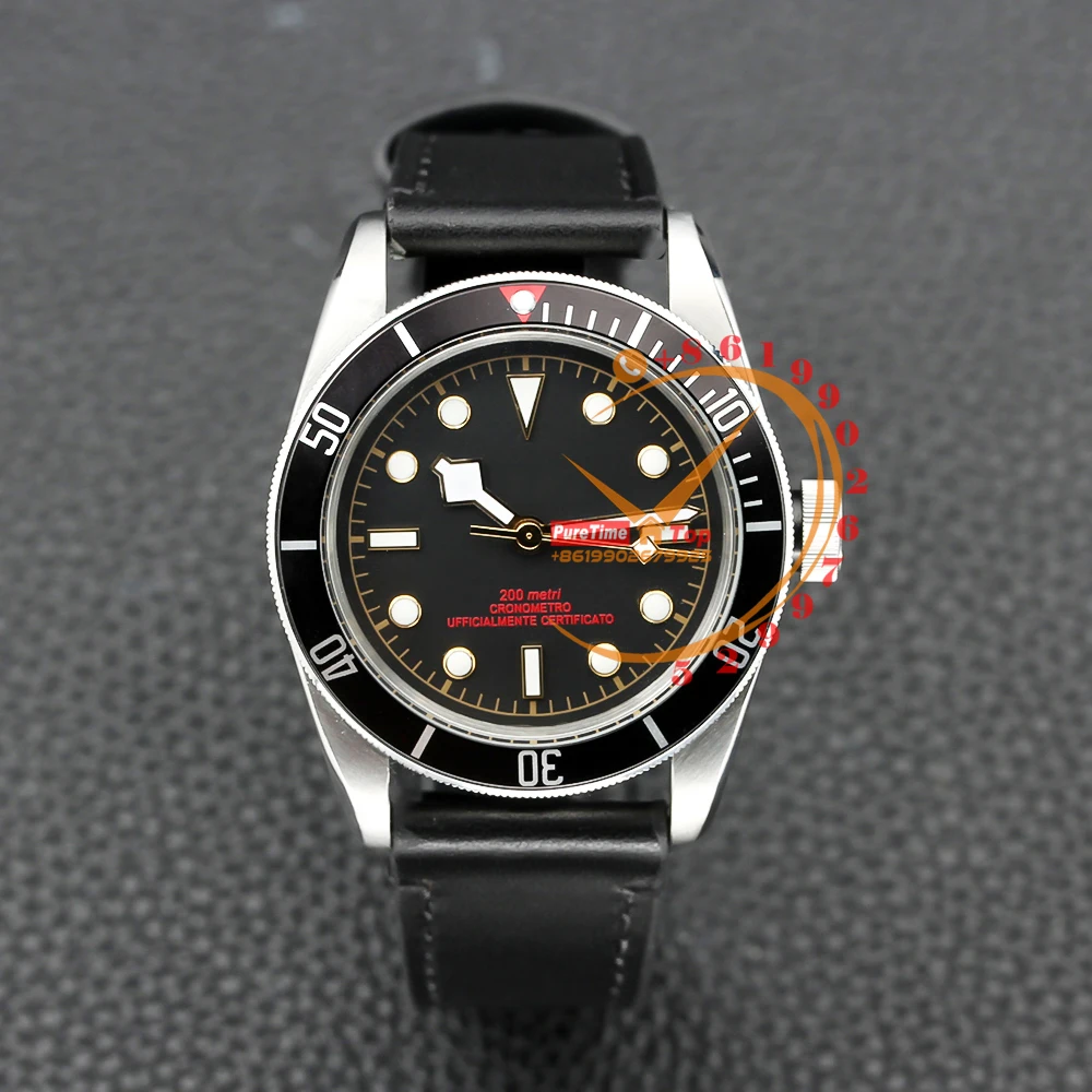 

Bay 79733 A21J Automatic Mens Watch Steel Case Ceramic Bezel Black Dial Leather Strap Swisstime 2023 Luxury Reloj Hombre