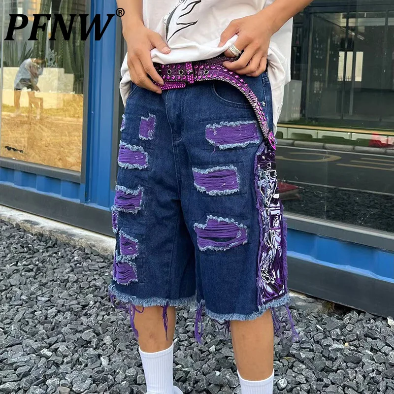 

PFNW Summer New Men's Fashion Outdoor Tassels Shorts Tide Contrasting Color Hip Hop Patch Denim Trendy Worn Out Trousers 12Z1173