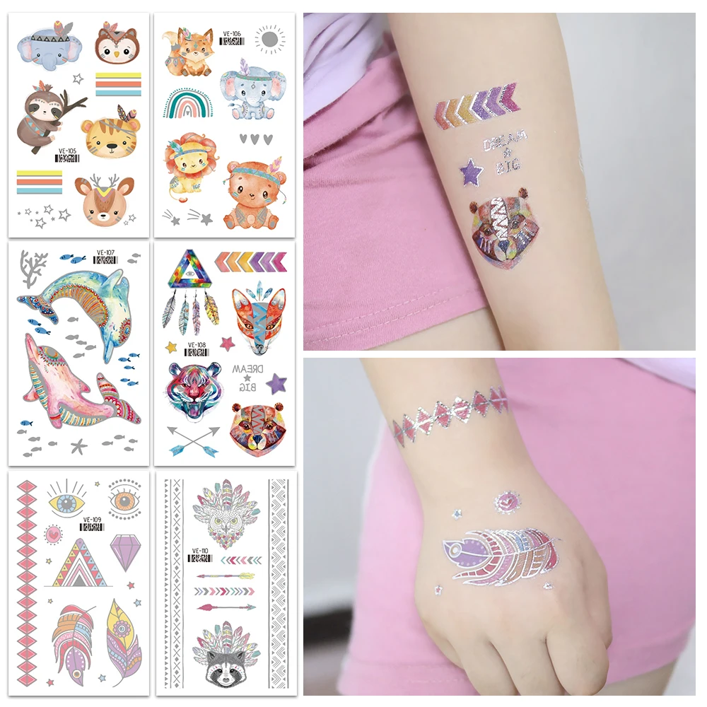 VeeCharm-Детские временные тату-наклейки серебряные сверкающие Мультяшные