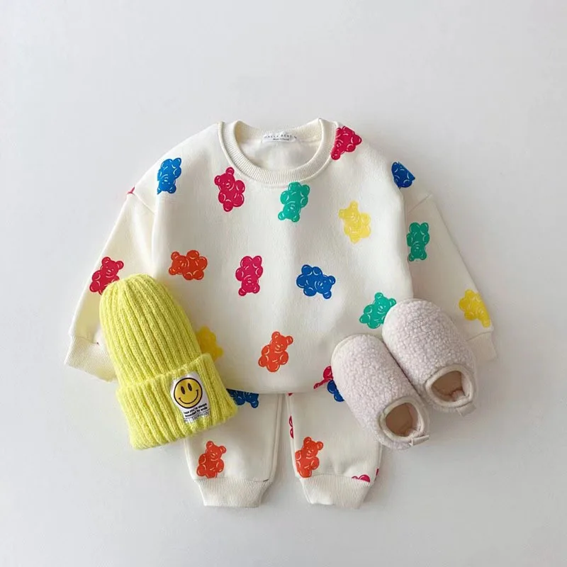 Autumn Spring Baby Clothing Set Thin Fleece Baby Boy Girl Clothes Children Toddler Pullover Sweater Suit Candy Bear Casual Cloth