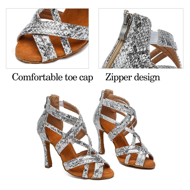 DKZSYIM Women Dance Shoes Snakeskin pattern Salsa Latin Ballroom Shoes Sexy High Heel 7-10cm Dance Shoes Hot Sale Dancing Shoes