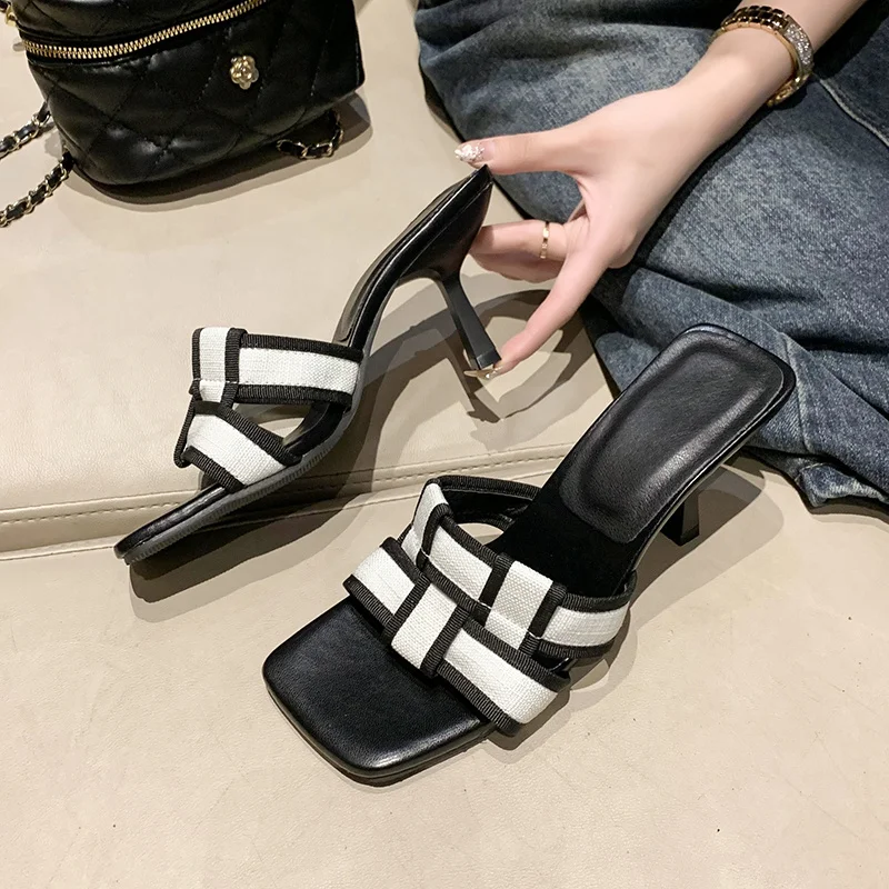 2023 New Women Slippers Open Toe Summer Dress Shoes Thin High Heels Slides Slippers Party Pumps Wedding Black White