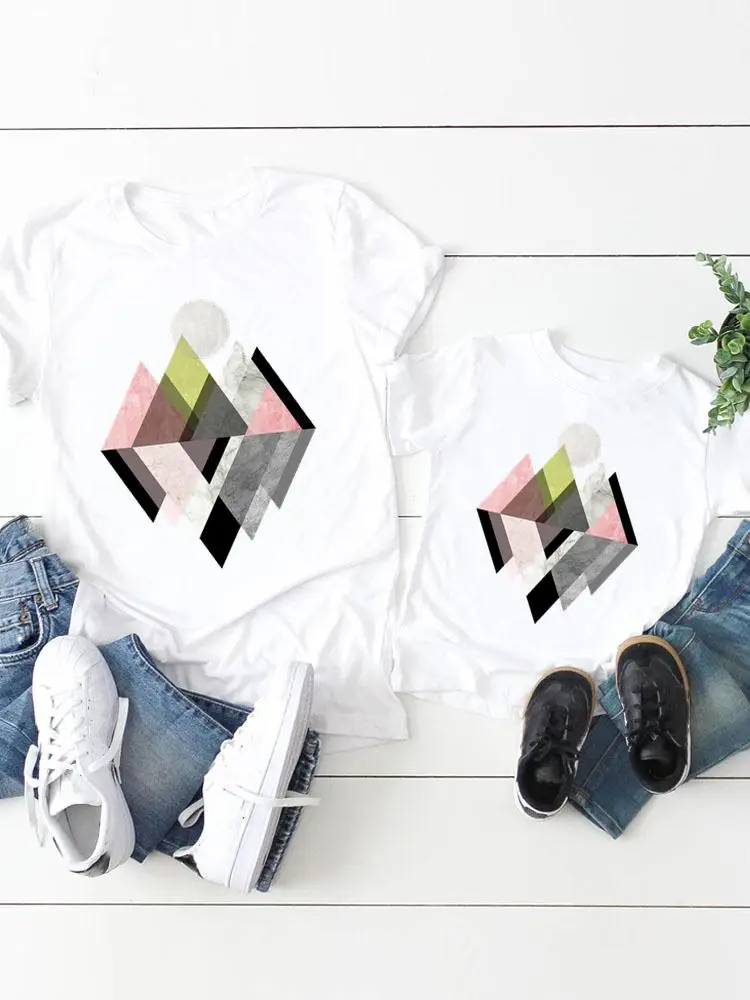 

Tee Women Child Kid Style Geometric O-neck Clothing Boy Girl Summer Family Matching Outfits Mom Mama Graphic T-shirt Clothes