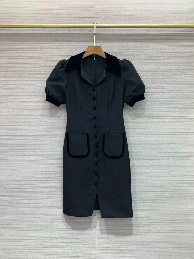 

2022 new women Fashion Bubble Short Sleeve Velvet Patchwork Lapel Symmetrical Pocket Decoration Slim Dress 814
