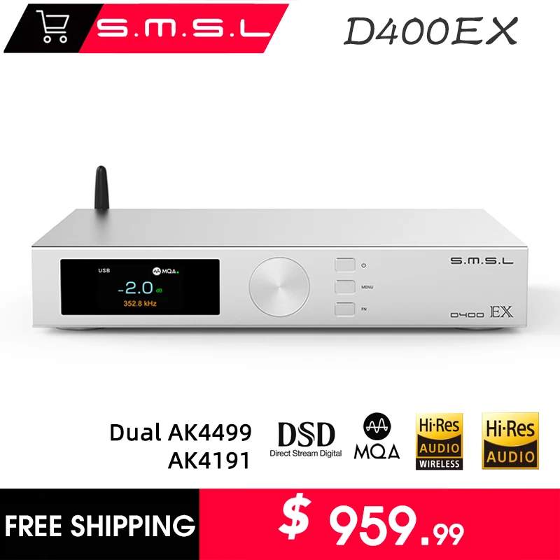 

SMSL D400EX Digital AUDIO DAC 1*AK4191 2*AK4499EX OPA1612A LME49720 XU316 MQA-CD DSD512 32bit/768kHz Bluetooth 5.0 I2S