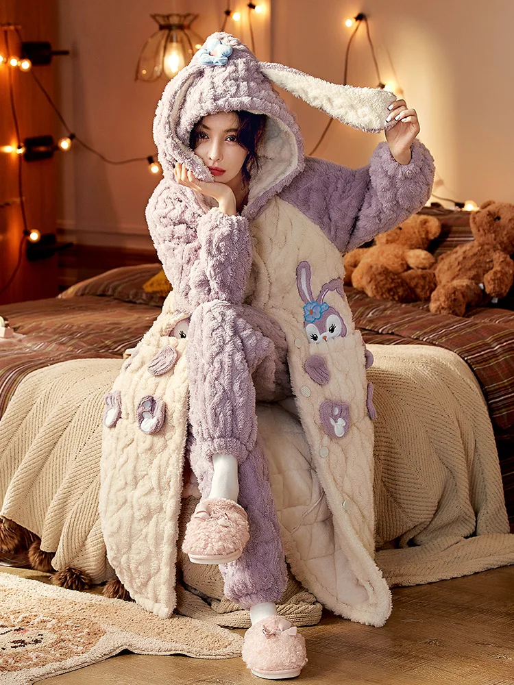 Oimg Lou Pajamas Women Cotton Autumn Three-Layer Quilted Winter Thickened Fleece-lined Coral Fleece Nightgown Can Be Wo...