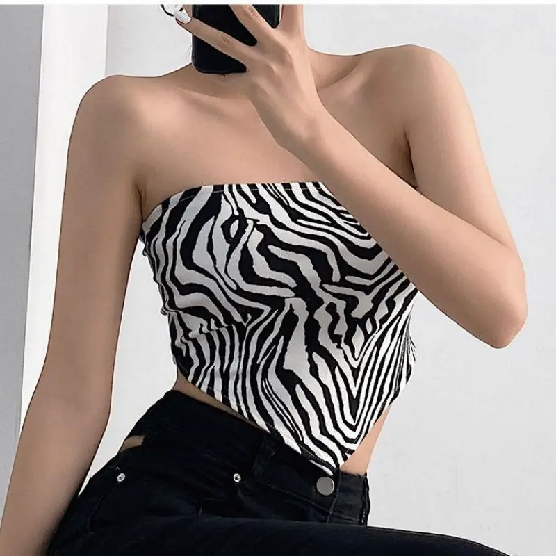 

Zebra Striped Crop Tank Top Thin High Waist Tube Top Irregular Sexy Strapless Women's Sexy Vest Summer Club Party Y2k Clothes