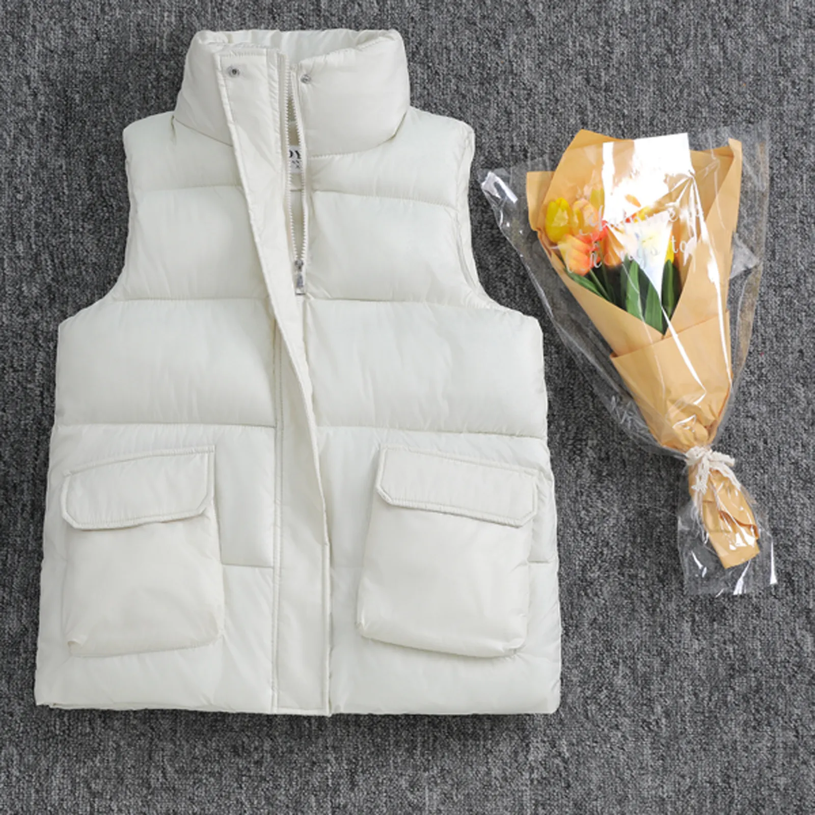 

Женский пуховой жилет, Свободный жилет с воротником-стойкой и карманами, теплый хлопковый жилет на молнии, пуховая куртка, женская одежда для зимы и осени