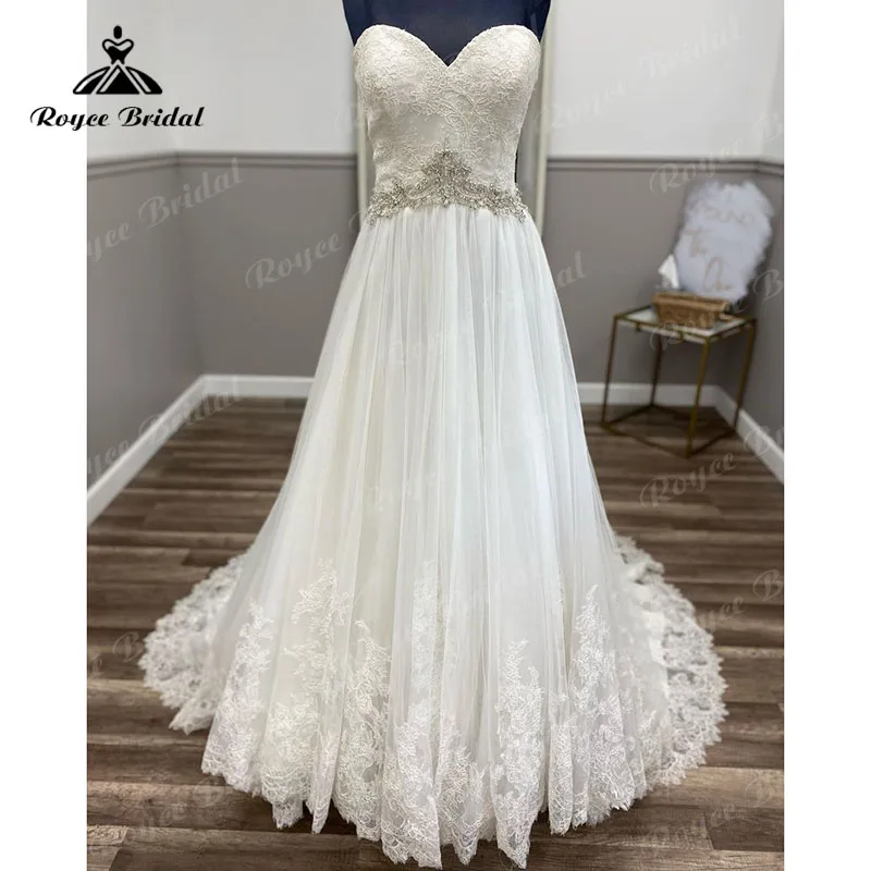 

Plus Size Sweetheart Lace Sweep Train Wedding Dress with Beadings Belt Off the Shoulder 2023 Vintage Bridal Vestido De Noiva