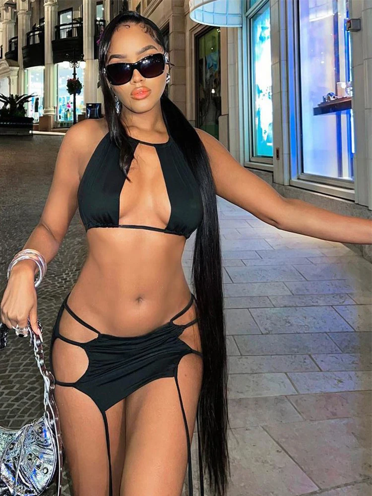 

Two Piece Set Women Black Goth Grunge Clothes Sexy Halter Backless Cropped Camisole+Low Rise Cut Out Ribbons Mini Skirts Outfits